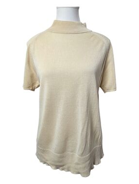 Vintage August Silk Cream Silk Knit Top Sz XL | Mock Neck Short Sleeve Blouse